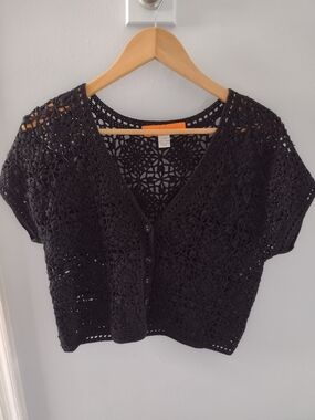 Black Crochet Silk And Cotton Button-Front Women’s Top
